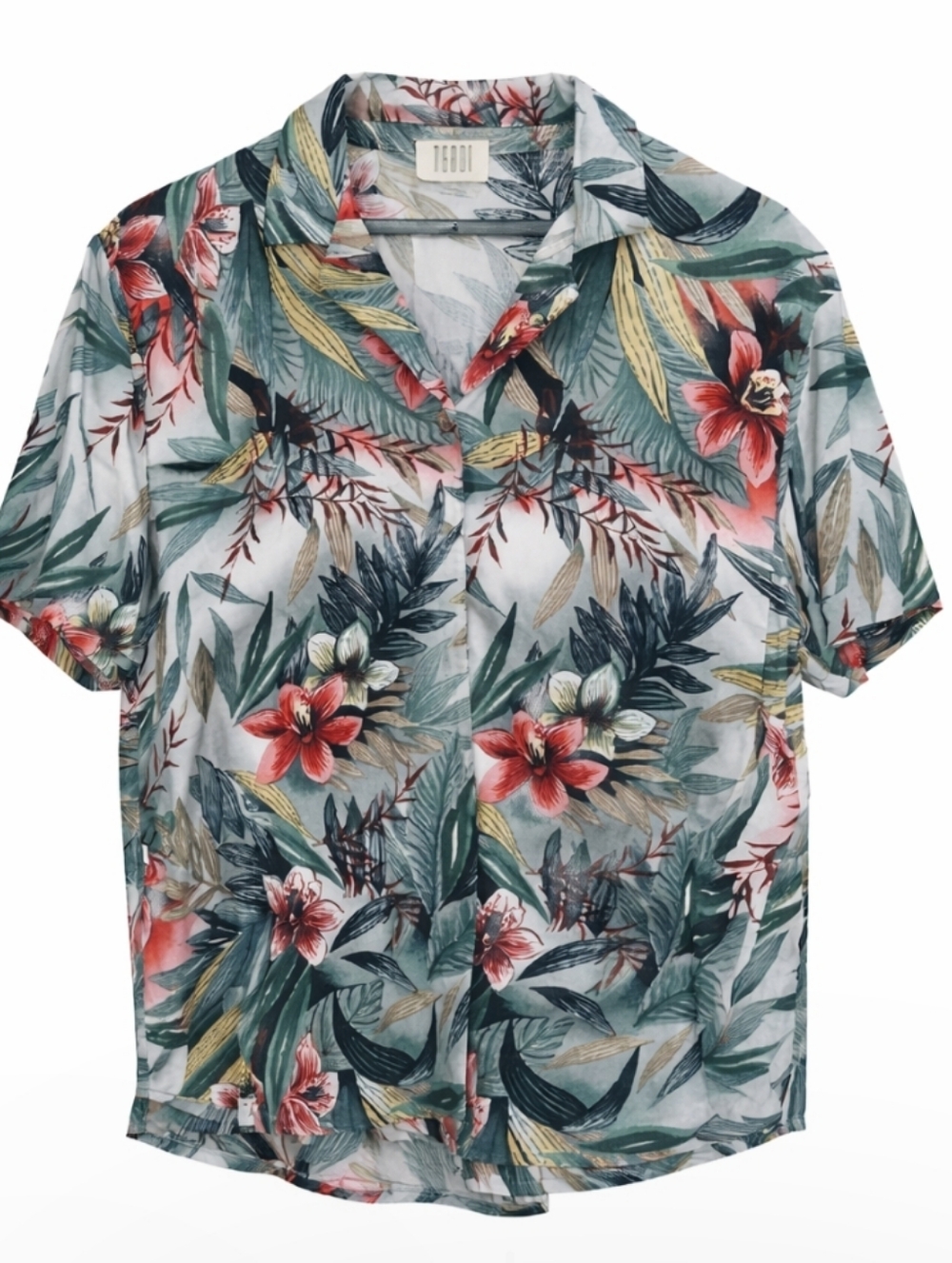 Teddi Tropical Hawaiian Camp Shirt Button Front Floral Aloha Top See Meas